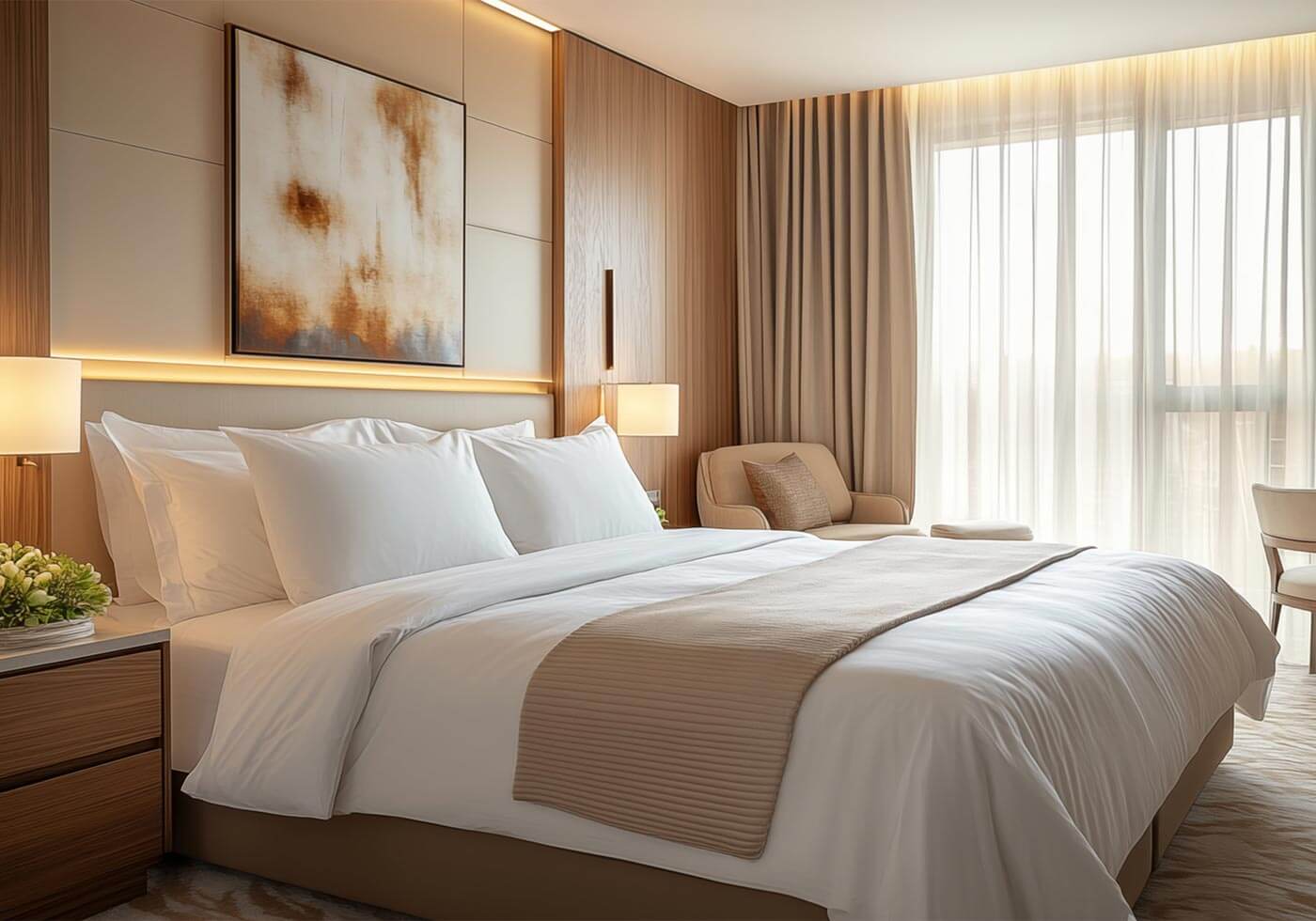 Boutique hotel bedroom with a neatly made bed